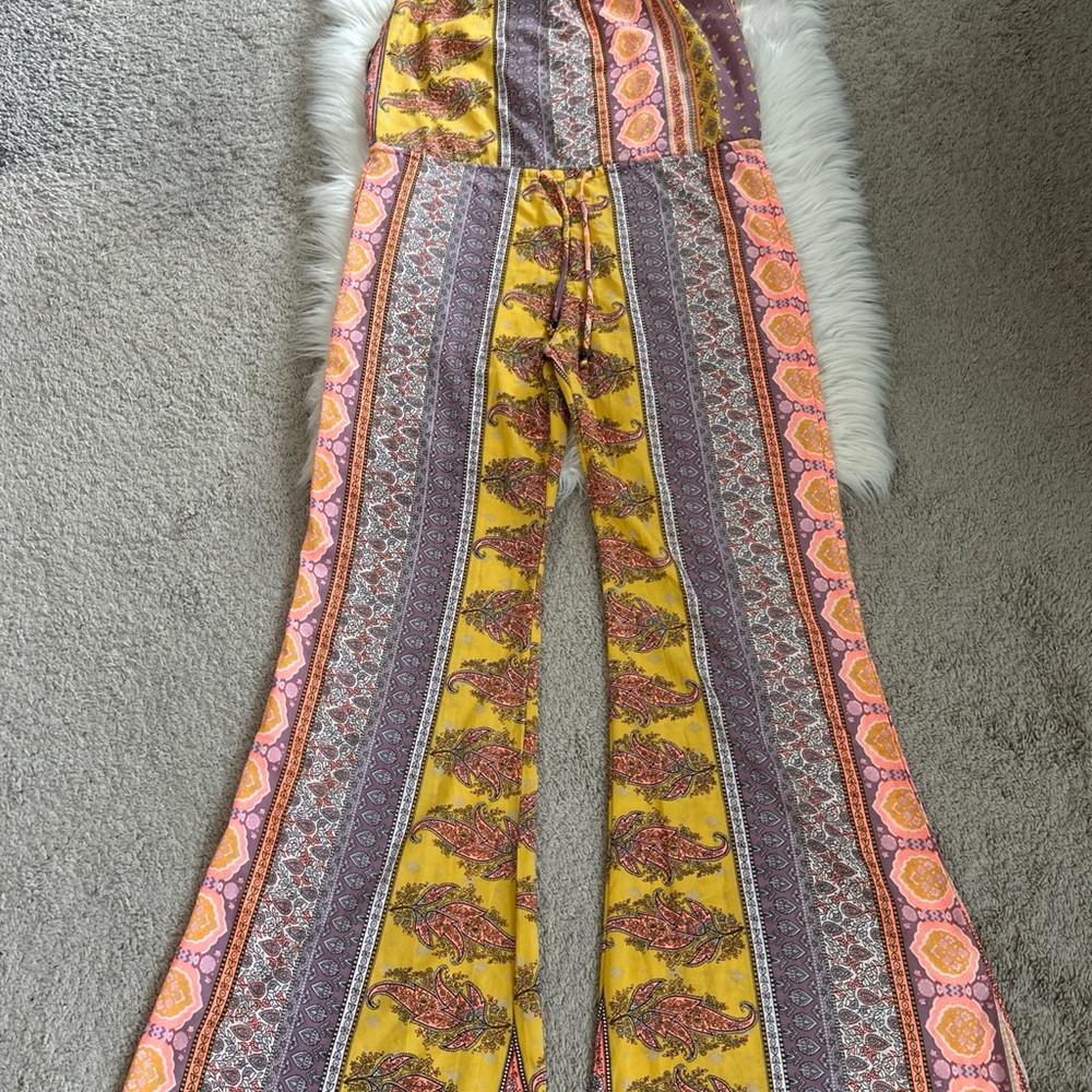 Elan Yellow Paisley-Striped flare Leg Jumpsuit Pants